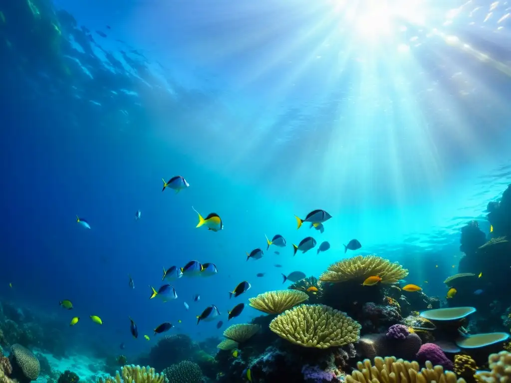 Un escenario submarino prístino con peces coloridos nadando alrededor de un vibrante arrecife de coral, iluminado por rayos de luz que crean un juego hipnótico de luces y sombras en el fondo del océano