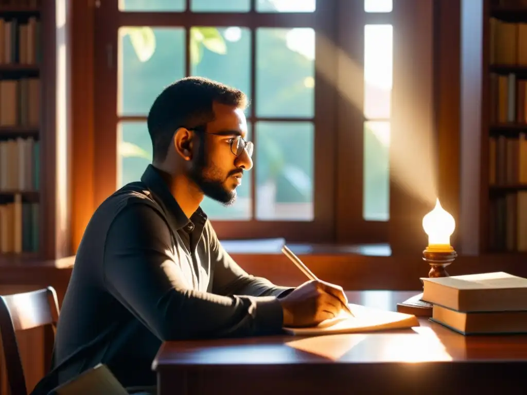 Un escritor no musulmán, rodeado de libros y papeles, se sumerge en sus pensamientos mientras es iluminado por el sol