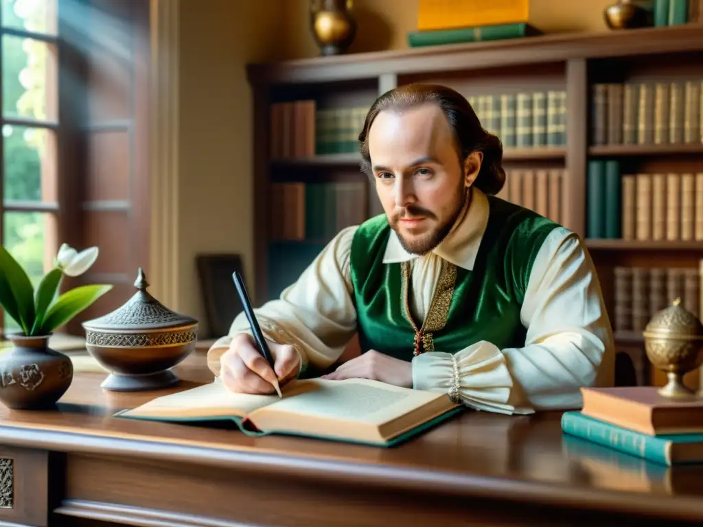 Shakespeare escribe en su escritorio, rodeado de libros y símbolos islámicos