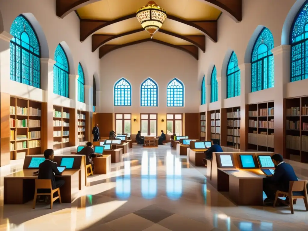 Escuela islámica moderna: tradición e innovación Escuela islámica moderna con tecnología integrada, estudiantes debatiendo, libros antiguos y modernos