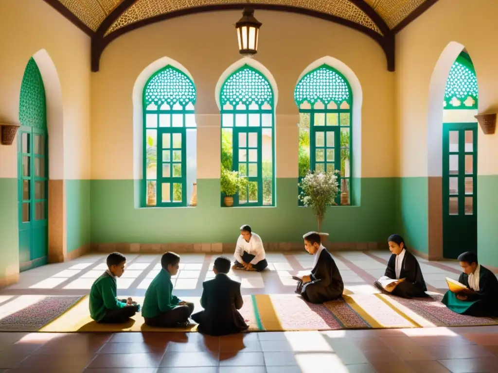 Escuela islámica en América Latina, estudiantes participando en educación tradicional, rodeados de arquitectura colorida y exuberante vegetación