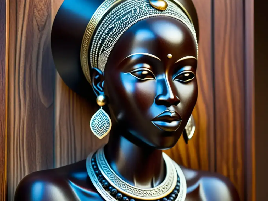 Escultura africana histórica en madera oscura con adornos metálicos, legado del Islam en escultura africana, detallada y artística