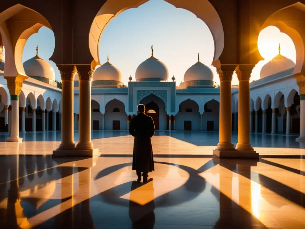 Un espacio sagrado: un patio de mezquita al amanecer con luz dorada, arcos tallados y una figura en meditación