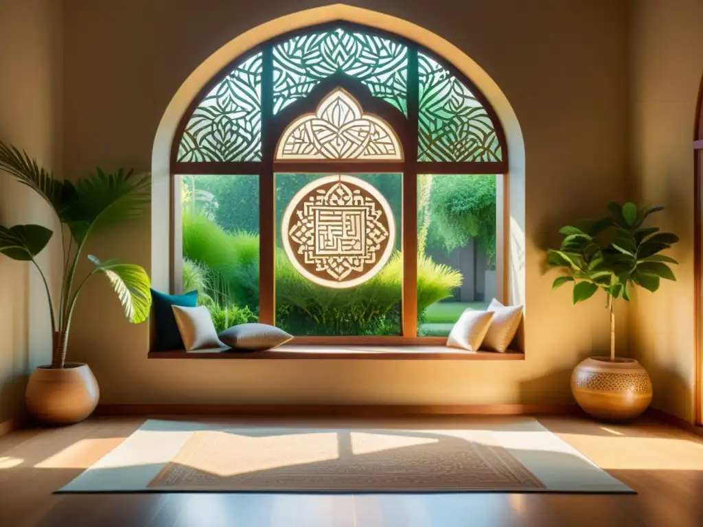 Un espacio sereno iluminado por el sol con arte islámico para espacios de meditación, ventanas grandes y un jardín pacífico