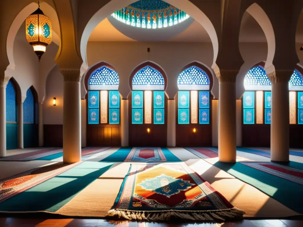 Un espacio tranquilo y sereno en el interior de una mezquita, con luz suave y colores vibrantes de las vidrieras