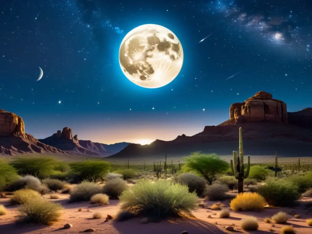 Espectacular cielo estrellado sobre un oasis en el desierto, iluminado por la luna llena