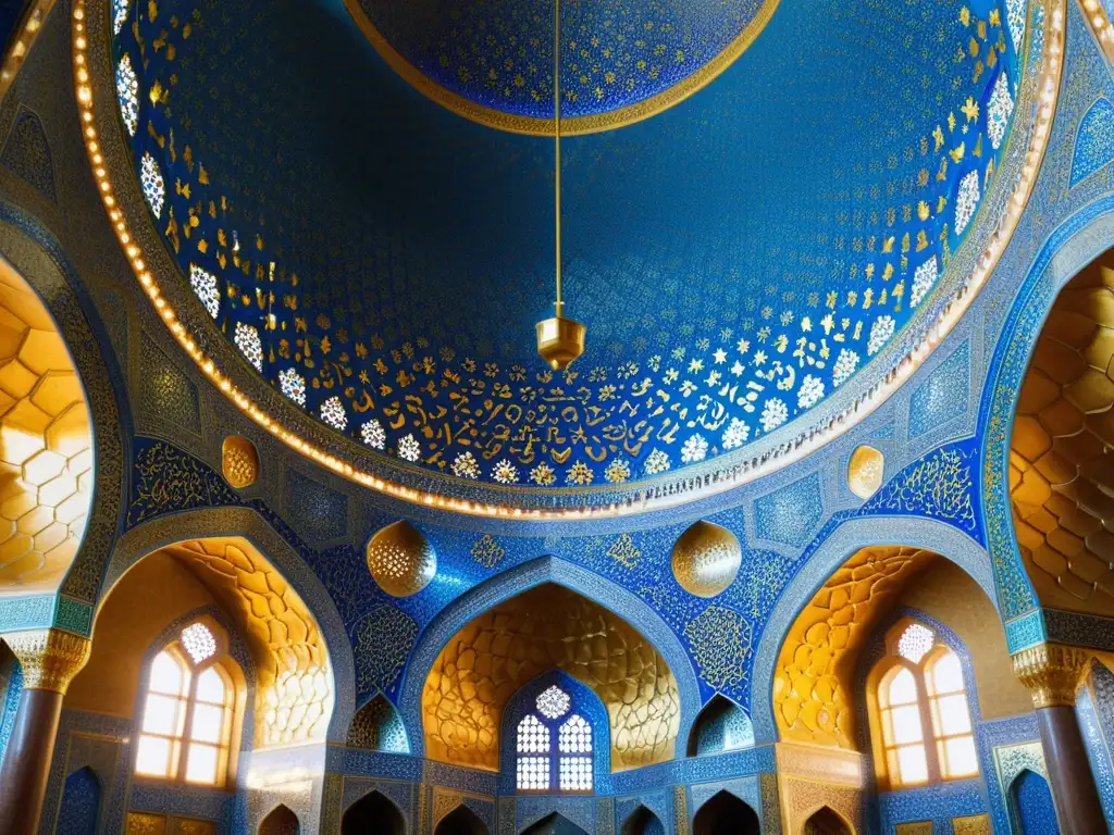 Espectacular cúpula de la Mezquita Sheikh Lotfollah en Isfahán, Irán, con intrincados diseños de arquitectura islámica y llamativas inscripciones