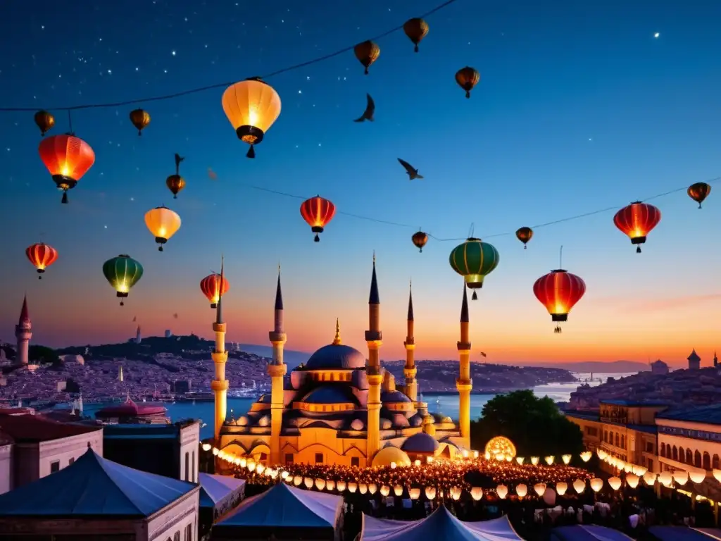 Un espectacular festival de linternas Mahya ilumina el cielo nocturno de Estambul durante el Ramadán, creando una escena mágica y festiva