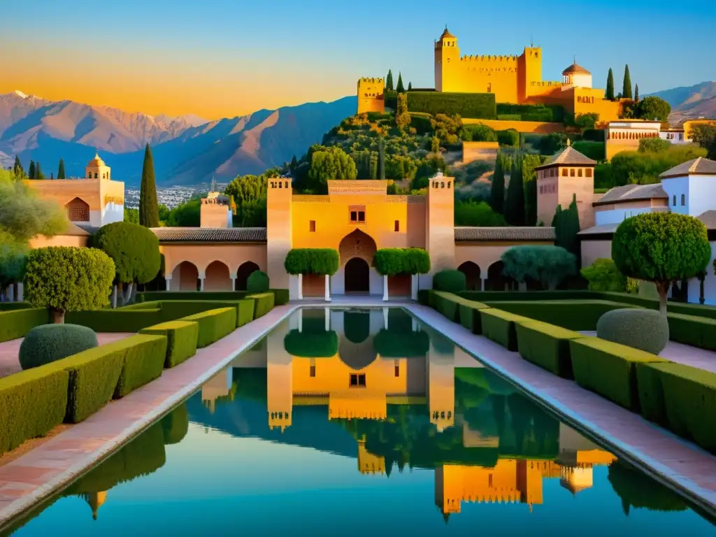 Alhambra al atardecer: belleza dorada y reflejos en el agua Espectacular imagen de la Alhambra al anochecer, con detalles iluminados por cálida luz dorada