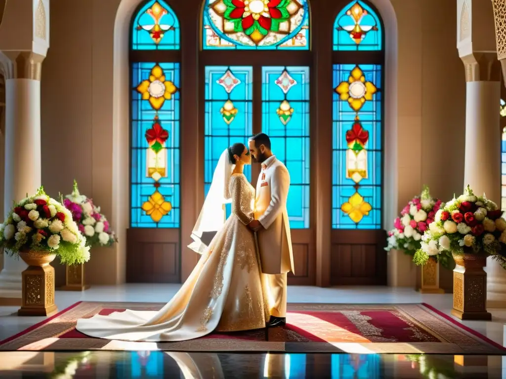 Una espectacular imagen fotorrealista de una ceremonia de bodas islámica, destacando las costumbres matrimoniales en el Islam con exquisito detalle y elegancia atemporal