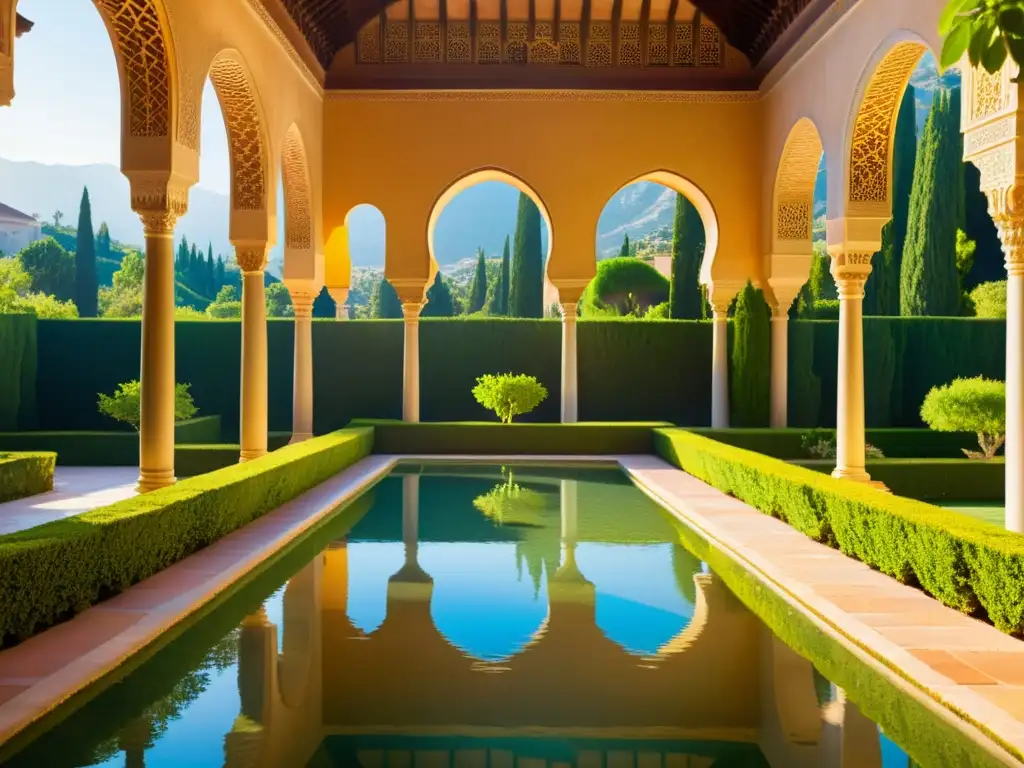 Espectacular imagen de los jardines del Generalife de la Alhambra, con la arquitectura islámica, exuberante vegetación y reflejos en el agua