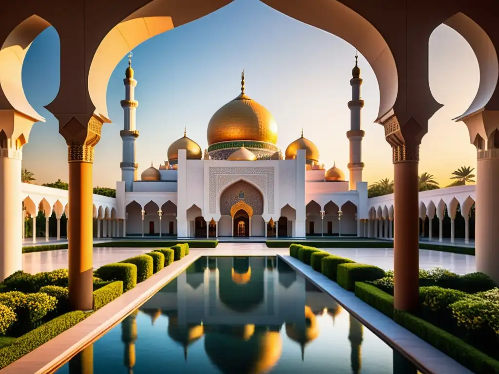 Espectacular imagen de una mezquita islámica contemporánea al atardecer, con patrones geométricos intrincados