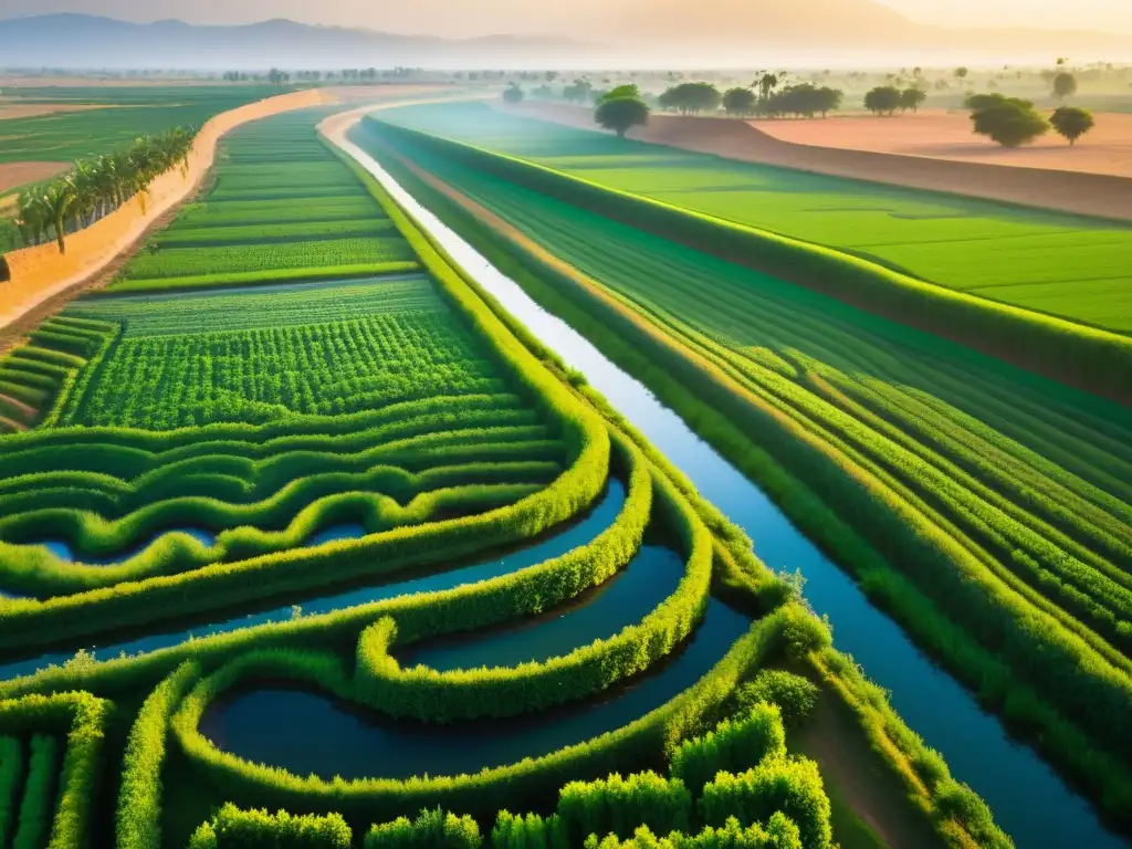 Espectacular ingenio hidráulico musulmán: acueductos serpenteantes entre campos verdes, bañados por la suave luz del atardecer