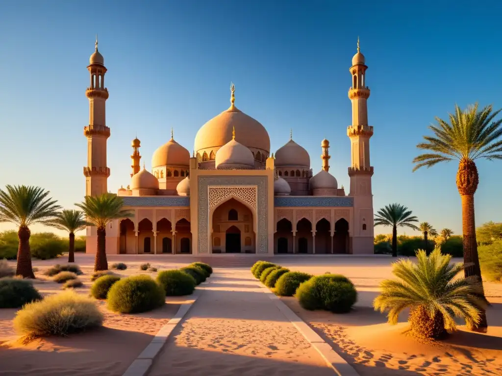 Espectacular mezquita en el desierto con adaptaciones arquitectura mezquitas clima, bañada por la cálida luz del atardecer