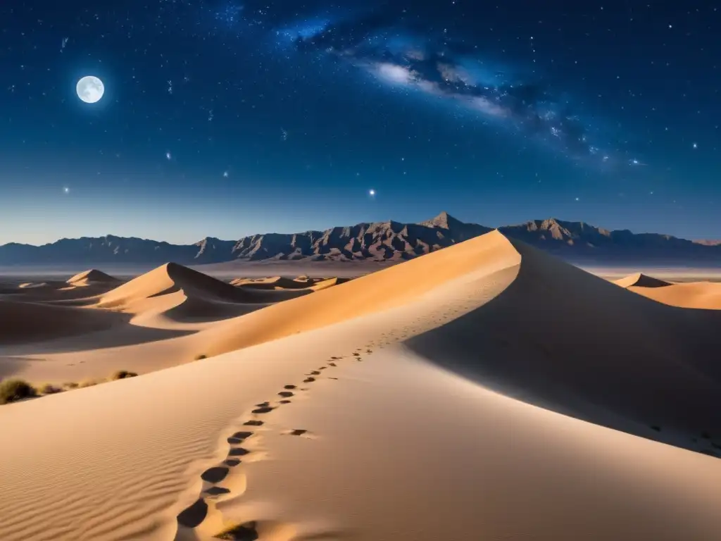 Espectacular paisaje desértico nocturno con luna llena brillante y estrellas