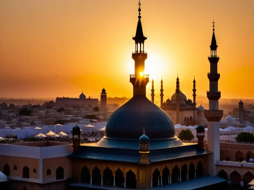 Espectacular puesta de sol sobre la antigua ciudad de Medina, con la mezquita Al-Masjid an-Nabawi destacando en el vibrante cielo