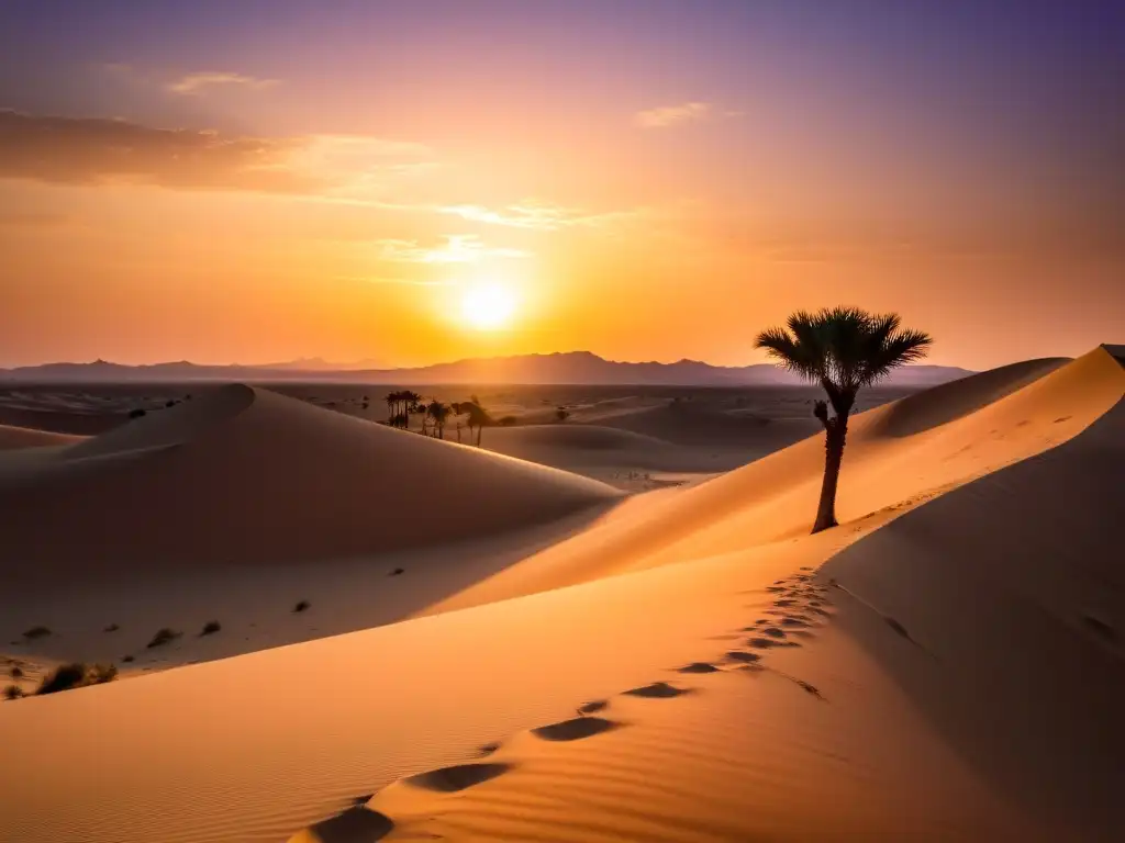 Una espectacular puesta de sol sobre el desierto del Sáhara, con un cálido resplandor dorado sobre las dunas de arena