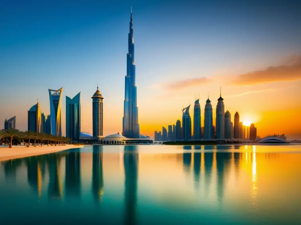 Espectacular skyline de Dubai al atardecer, reflejado en el mar