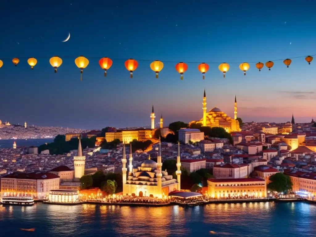 Espectacular vista nocturna del Festival de Linternas Mahya en Estambul durante el Ramadán, con la ciudad iluminada por innumerables linternas y la luna llena creando un aura mágica