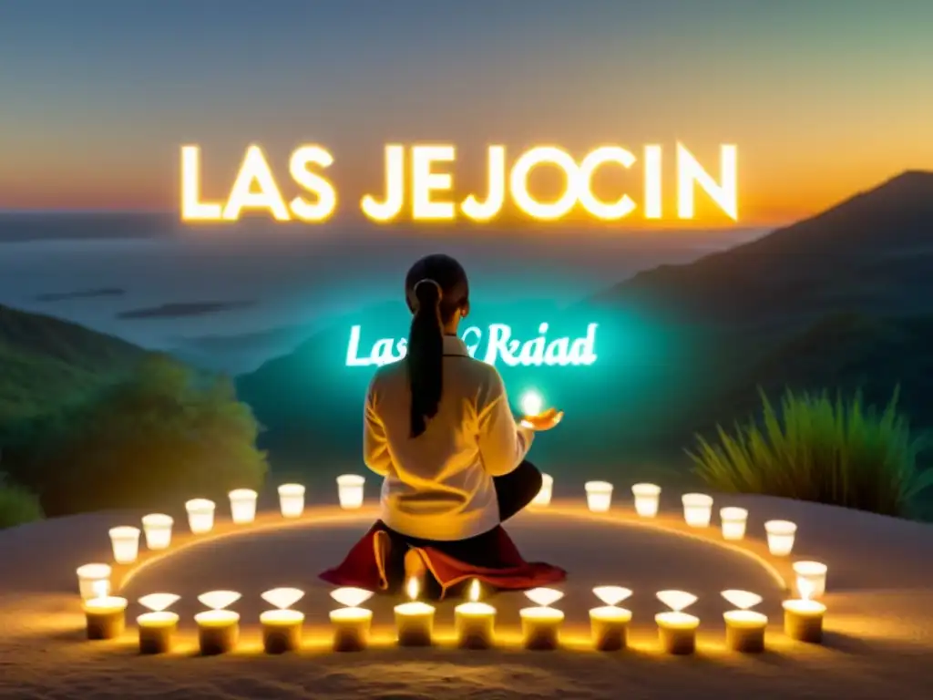 Innovación espiritual con apps de oración: Persona rezando arropada por una luz etérea, en ambiente sereno con elementos tradicionales y digitales