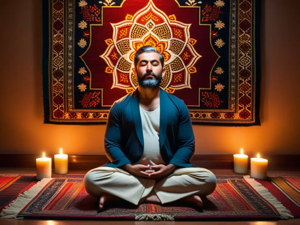 Contribución espiritual de Bayazid Bastami en profunda meditación, rodeado de luz cálida y energía espiritual en un espacio tranquilo y sereno