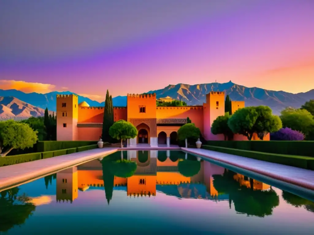 La espléndida Alhambra al atardecer, bañada en tonos cálidos y reflejada en el río