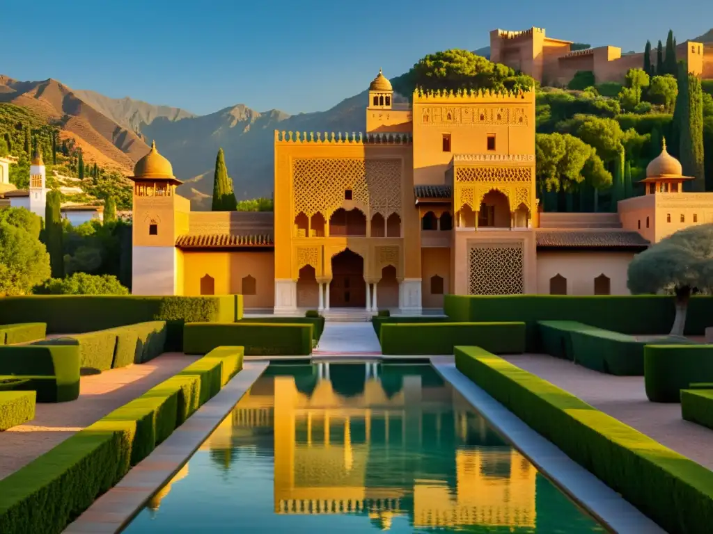 Espléndida representación fotorealista de la Alhambra al atardecer, reflejando su belleza y serenidad