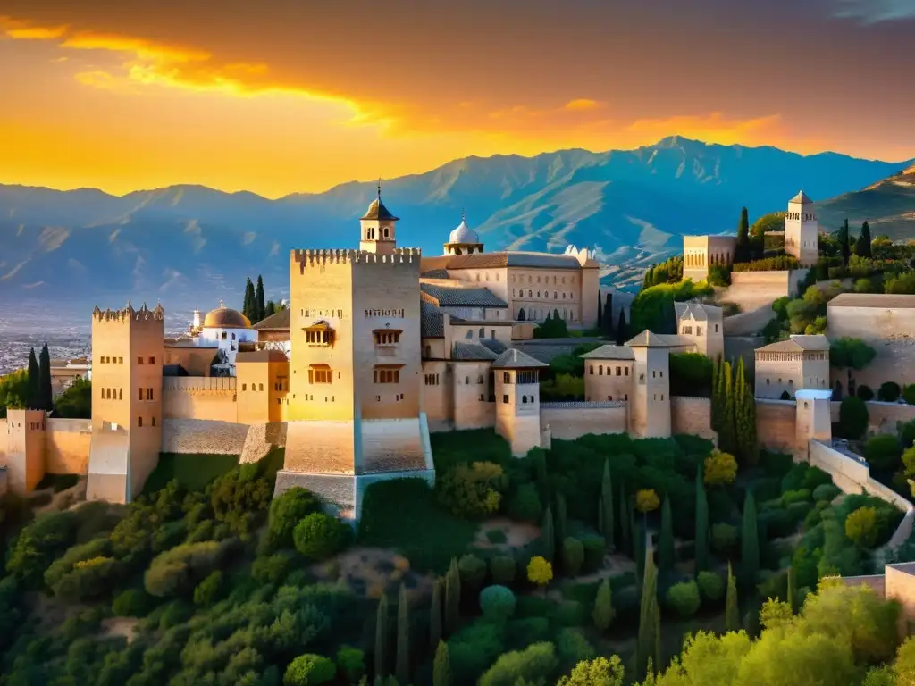 Espléndida arquitectura defensiva islámica en la Alhambra al atardecer