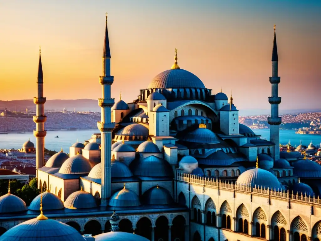 Espléndida arquitectura de la mezquita Sultan Ahmed en Estambul, Turquía, con majestuosos minaretes alcanzando el cielo al atardecer