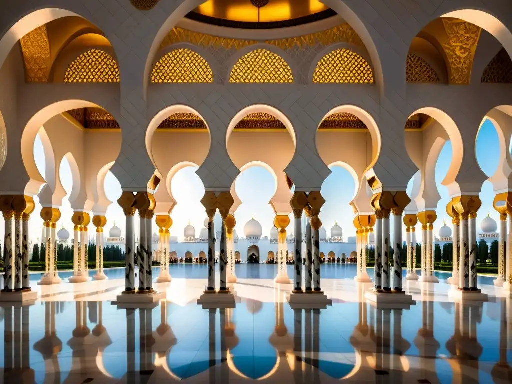 Espléndida arquitectura de la mezquita Sheikh Zayed en Abu Dhabi, con detalles florales en mármol, candelabros y juegos de luz