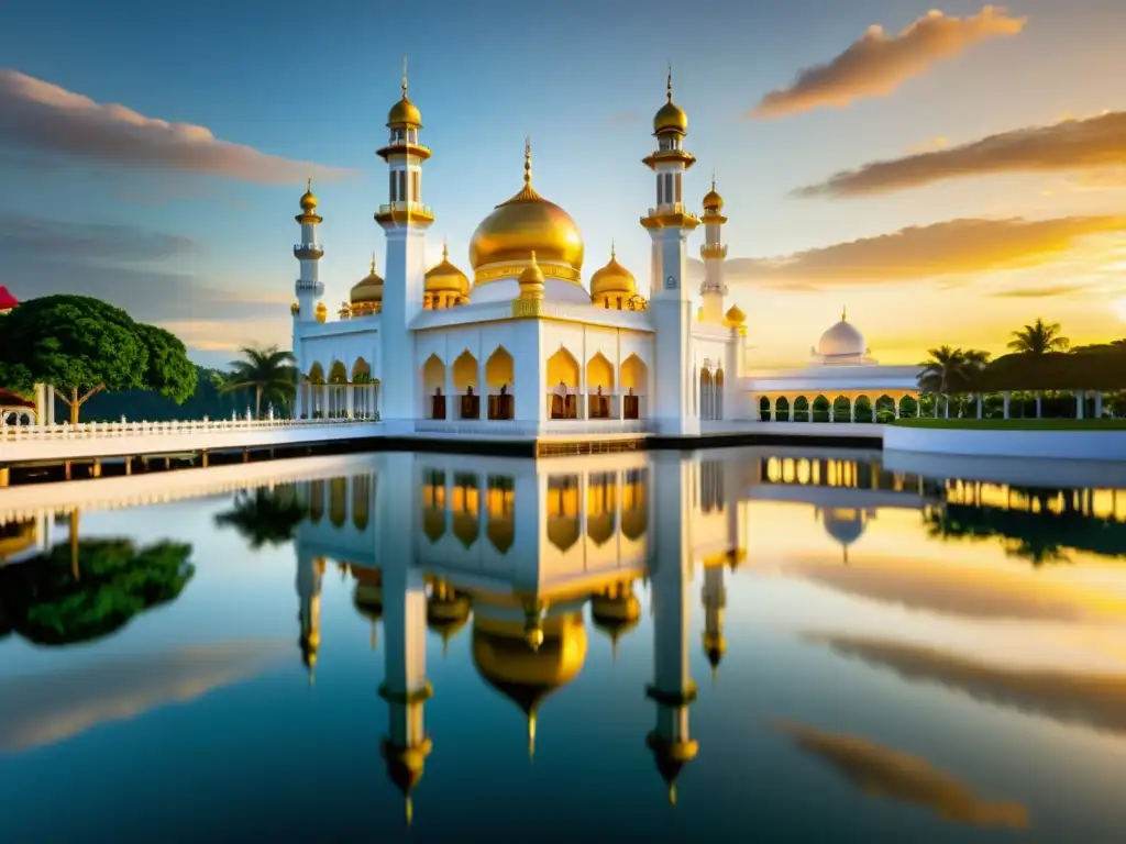 Espléndida belleza de Brunei: reflejo de la mezquita islámica capturado en la serenidad del atardecer