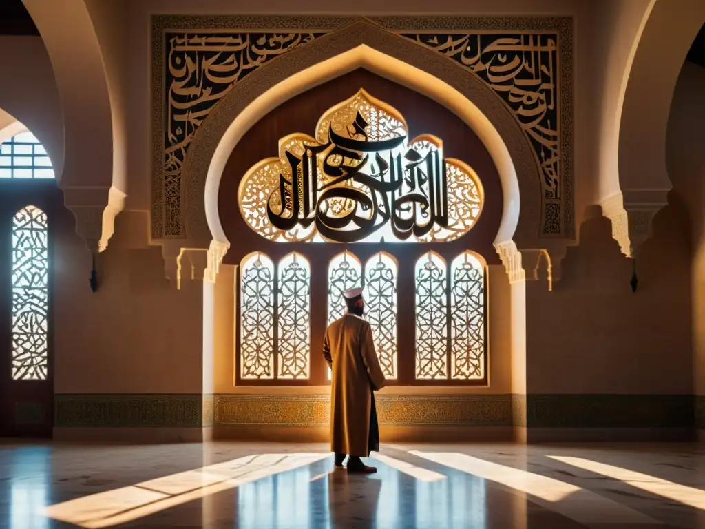 Espléndida caligrafía islámica en mezquita histórica, iluminada por la luz del sol, reflejando su belleza cultural