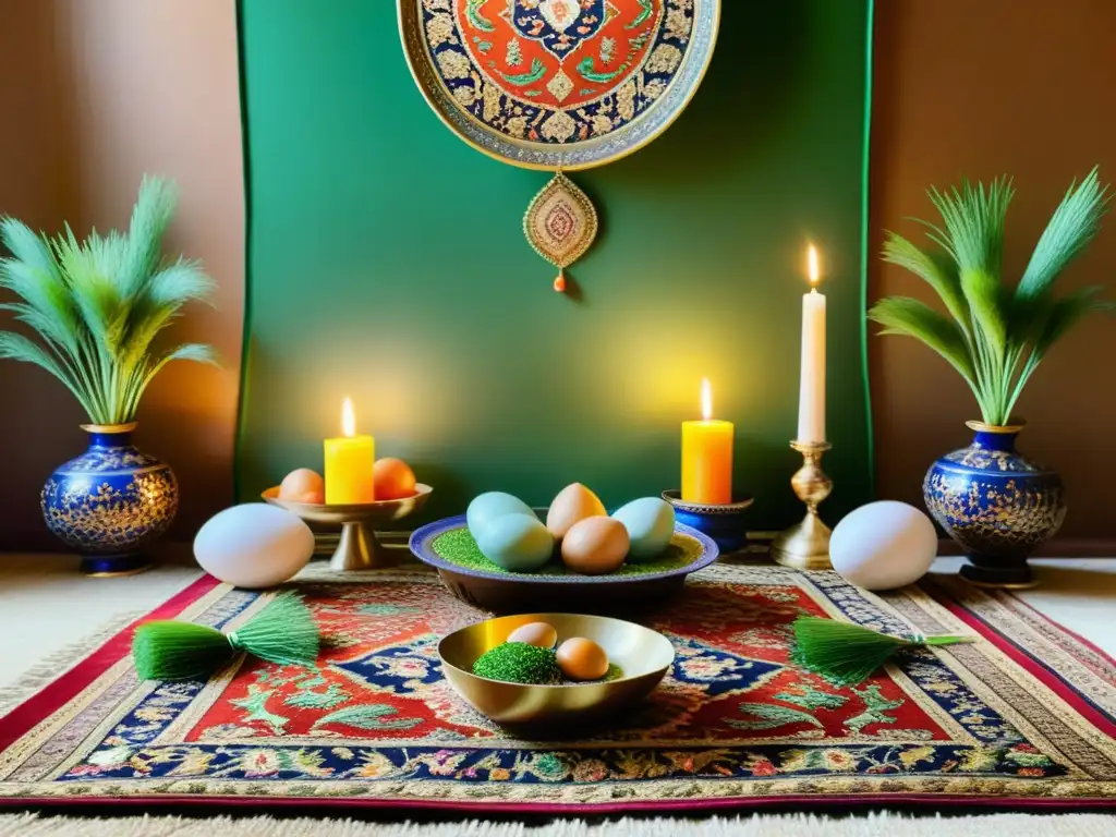 Espléndida celebración de Nowruz en un entorno islámico con fusión de tradiciones, alfombras persas, arte islámico y mesa HaftSeen decorada