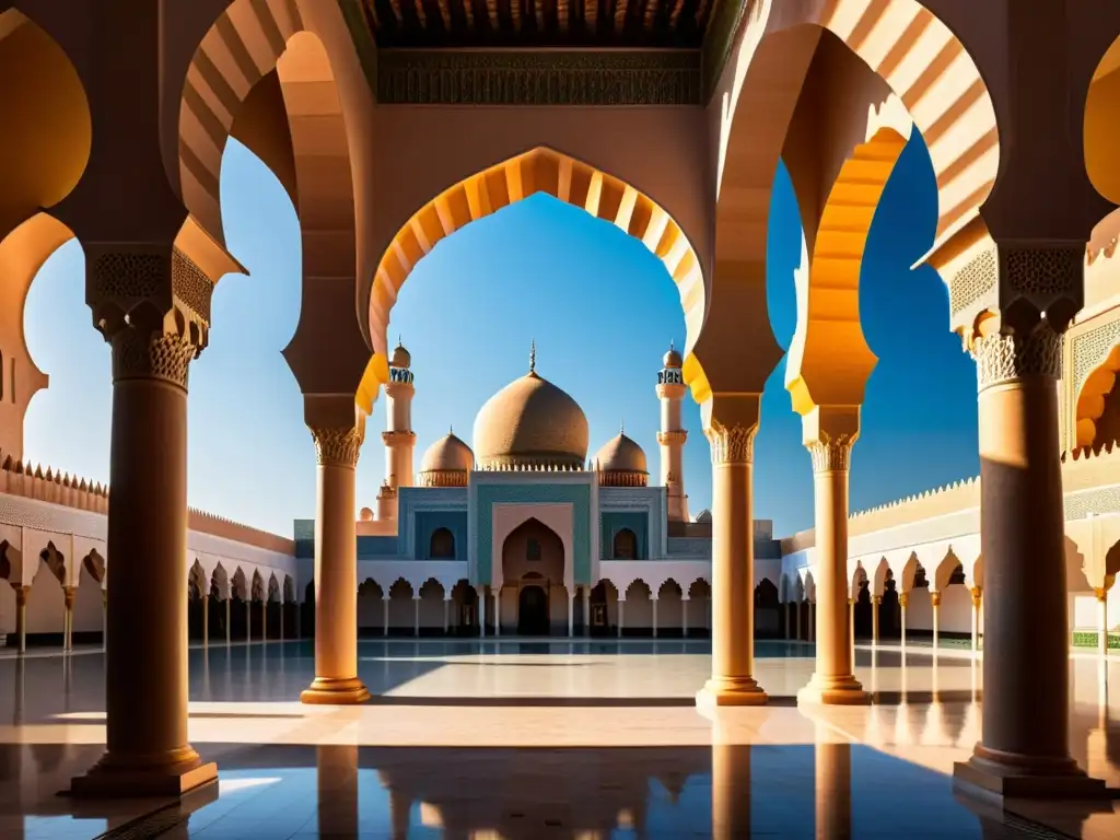 Espléndida representación de una gran mezquita almohade con patrones geométricos y minaretes imponentes