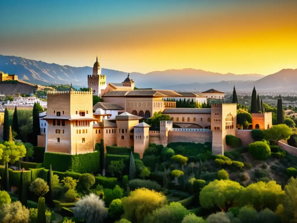 Espléndida imagen de la Alhambra al atardecer, con detalles arquitectónicos islámicos y exuberantes jardines