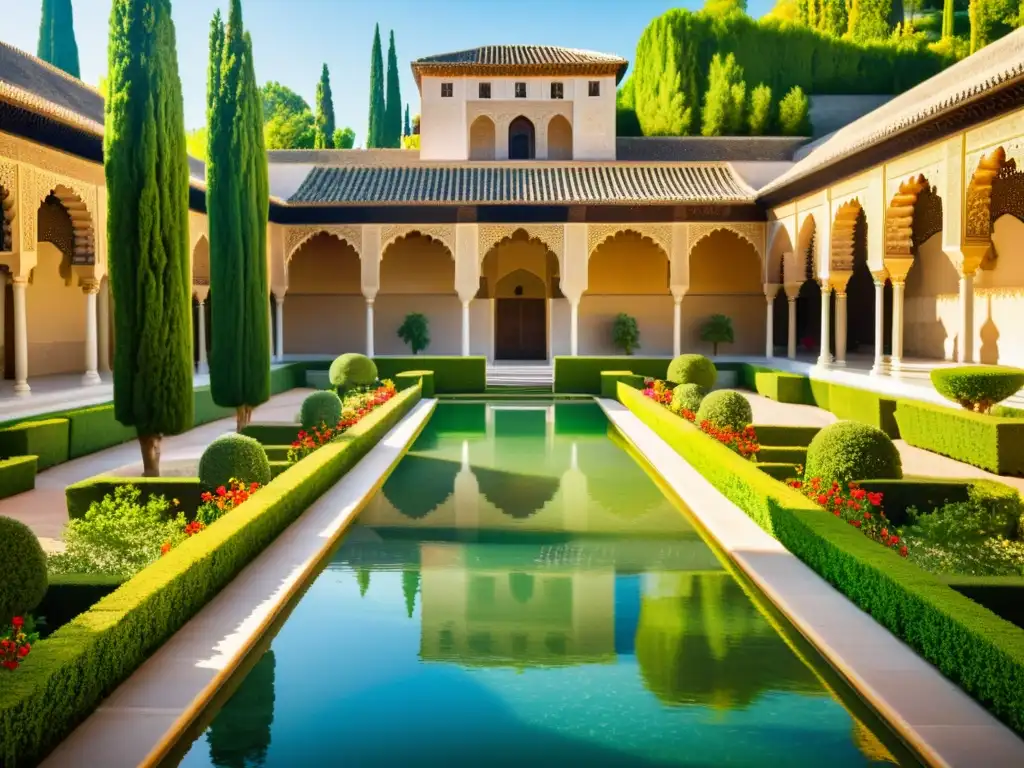 Espléndida imagen de la Alhambra en Granada, con exuberantes jardines islámicos, flores coloridas y elementos acuáticos