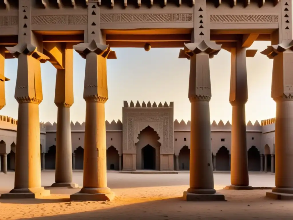 Espléndida imagen de la Gran Mezquita de Djenné en Mali al atardecer, destacando su arquitectura de adobe y la expansión islámica en África