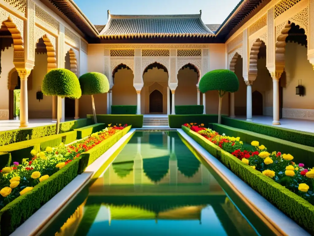 Espléndida imagen de la Alhambra en Granada, con sus jardines islámicos llenos de flores y agua