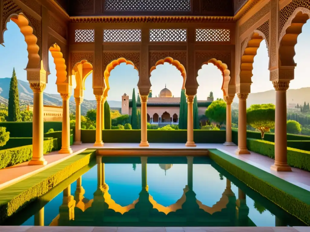 Espléndida imagen realista de la Alhambra al atardecer, con la cálida luz dorada resaltando su arquitectura islámica y reflejándose en los jardines