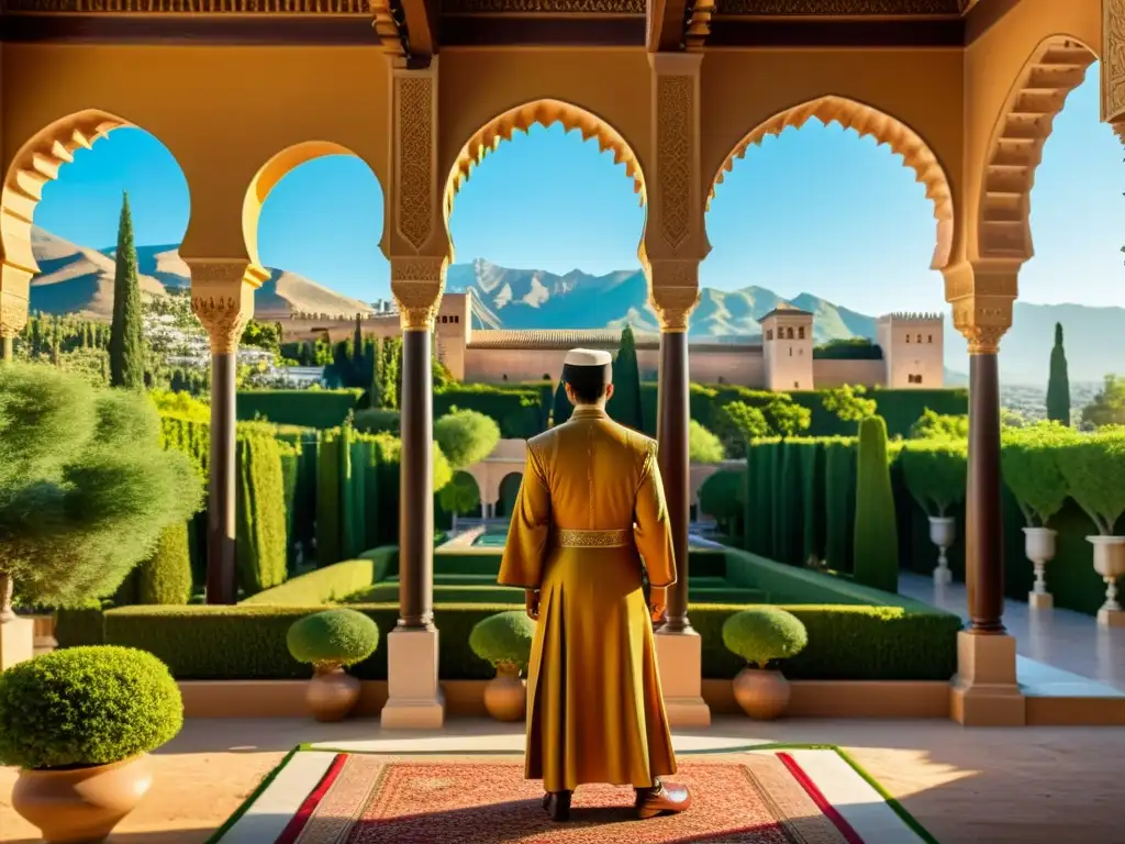 Espléndida integración de la identidad musulmana en la Europa contemporánea: la majestuosa Alhambra de Granada, con sus detalles arquitectónicos islámicos y exuberantes jardines, bajo el cálido sol de la tarde y las montañas de Sierra Nevada al fondo