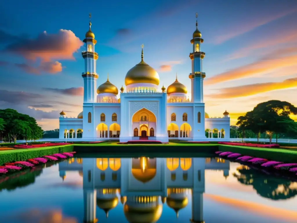 Espléndida mezquita Sultan Omar Ali Saifuddien en Brunei, reflejada en la laguna al atardecer, muestra la historia del islam en Brunei y su belleza natural