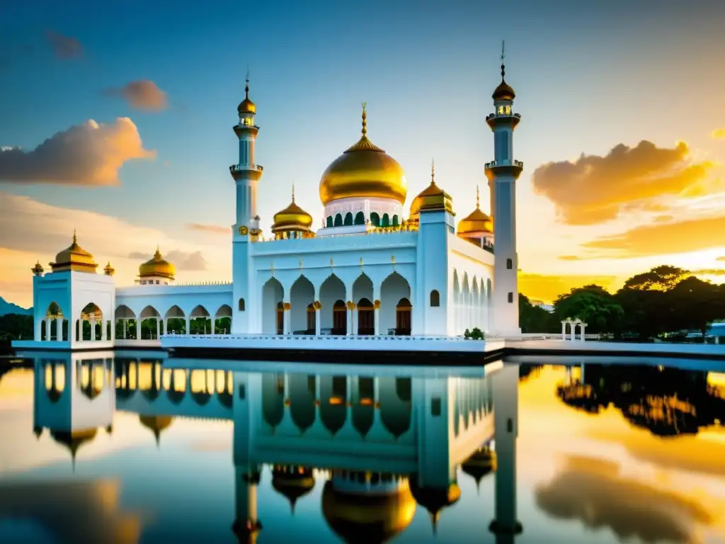 Espléndida mezquita histórica en Brunei, reflejada en la laguna al atardecer