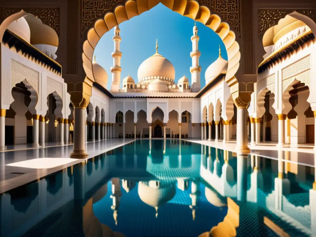 Espléndida mezquita con patrones geométricos, minaretes imponentes y un reflejo en el agua, bajo un cielo azul