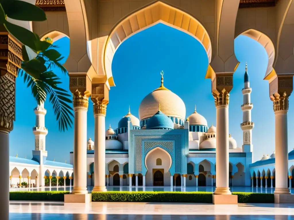 Espléndida mezquita con patrones islámicos, minaretes imponentes y jardines exuberantes