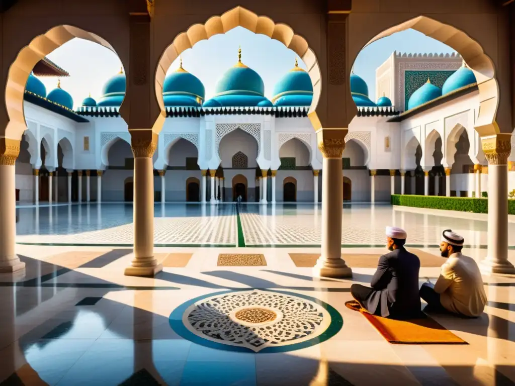 Espléndida mezquita con poesía islámica, jardines vibrantes y luz solar filtrada, creando una atmósfera serena