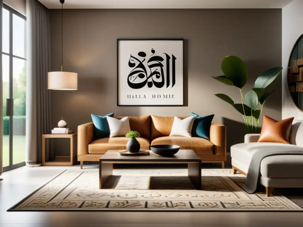 Salón moderno con accesorios halal: elegancia y tradición Espléndida sala de estar con accesorios halal para decoración hogar, elegante y armoniosa fusión de modernidad y estética islámica