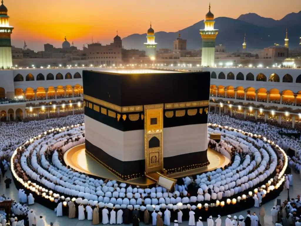 Espléndida vista de la Kaaba en La Meca con peregrinos en ihram blanco, en el atardecer