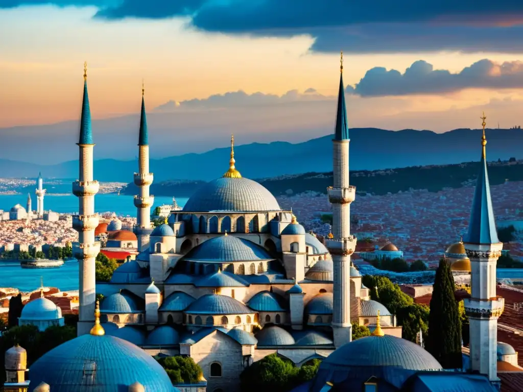 Espléndida vista de la Mezquita Azul al atardecer en Estambul, destacando su belleza histórica y rol en la conversión al Islam