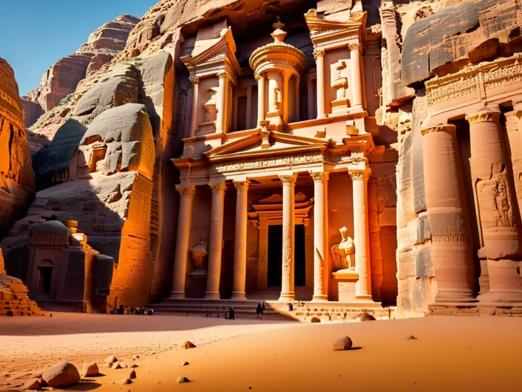 Espléndida vista de Petra en Jordania al atardecer, bañada en luz dorada, evocando la estructura poética y la oda árabe