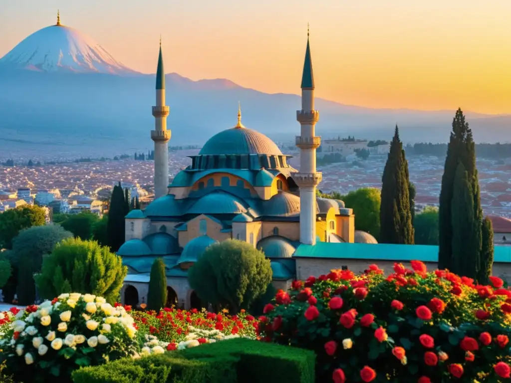 Espléndido amanecer sobre la ciudad antigua de Konya, Turquía, en el mausoleo del gran poeta y místico Rumi